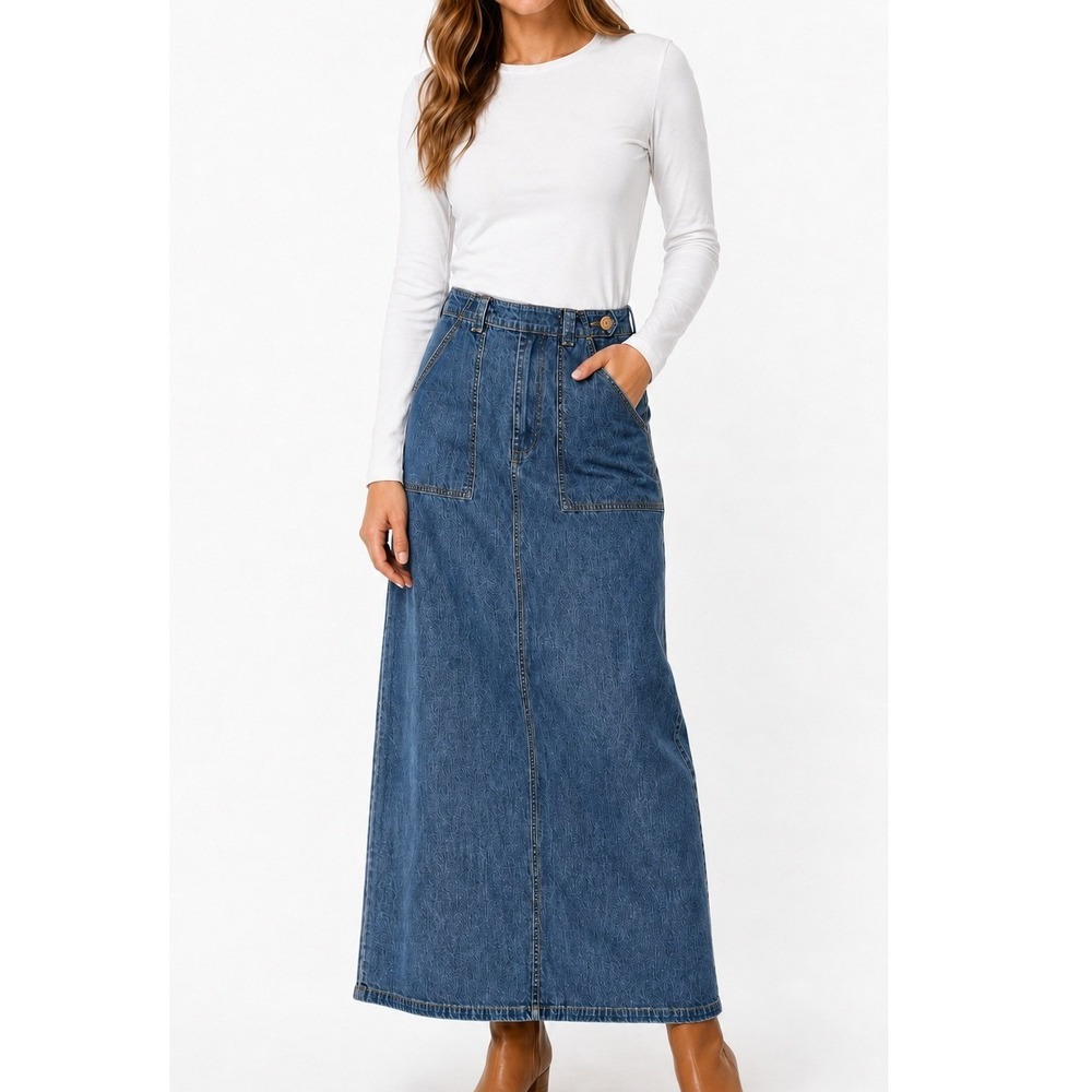 Liz Claiborne Women 12 Denim Maxi Skirt Vintage 90s High Waist Longline Blue